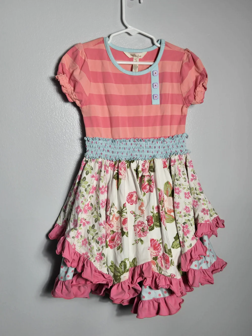 Matilda Jane Girls Striped Floral Ruffle Tiered Twirl Dress Shabby Chic Size 6
